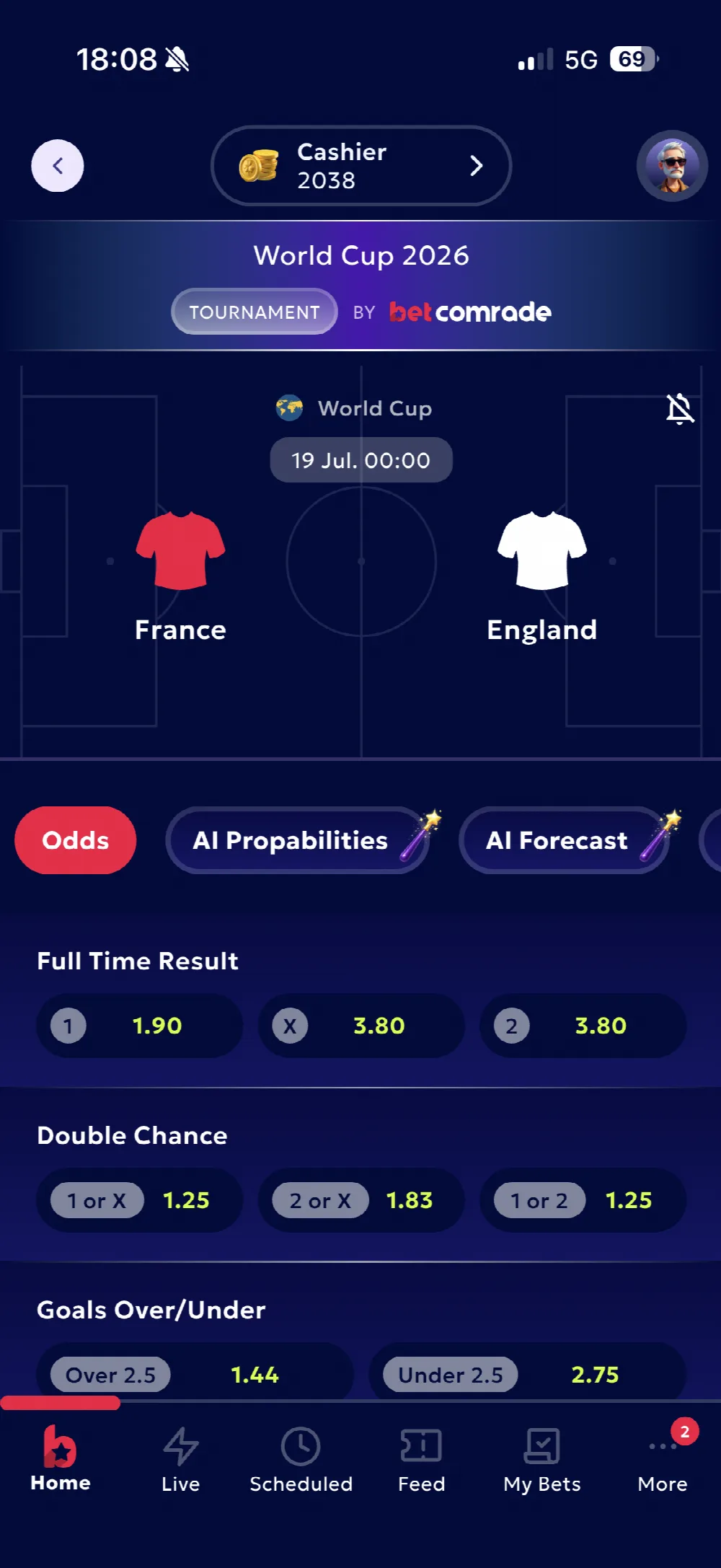 Match detail with statistics and predictions