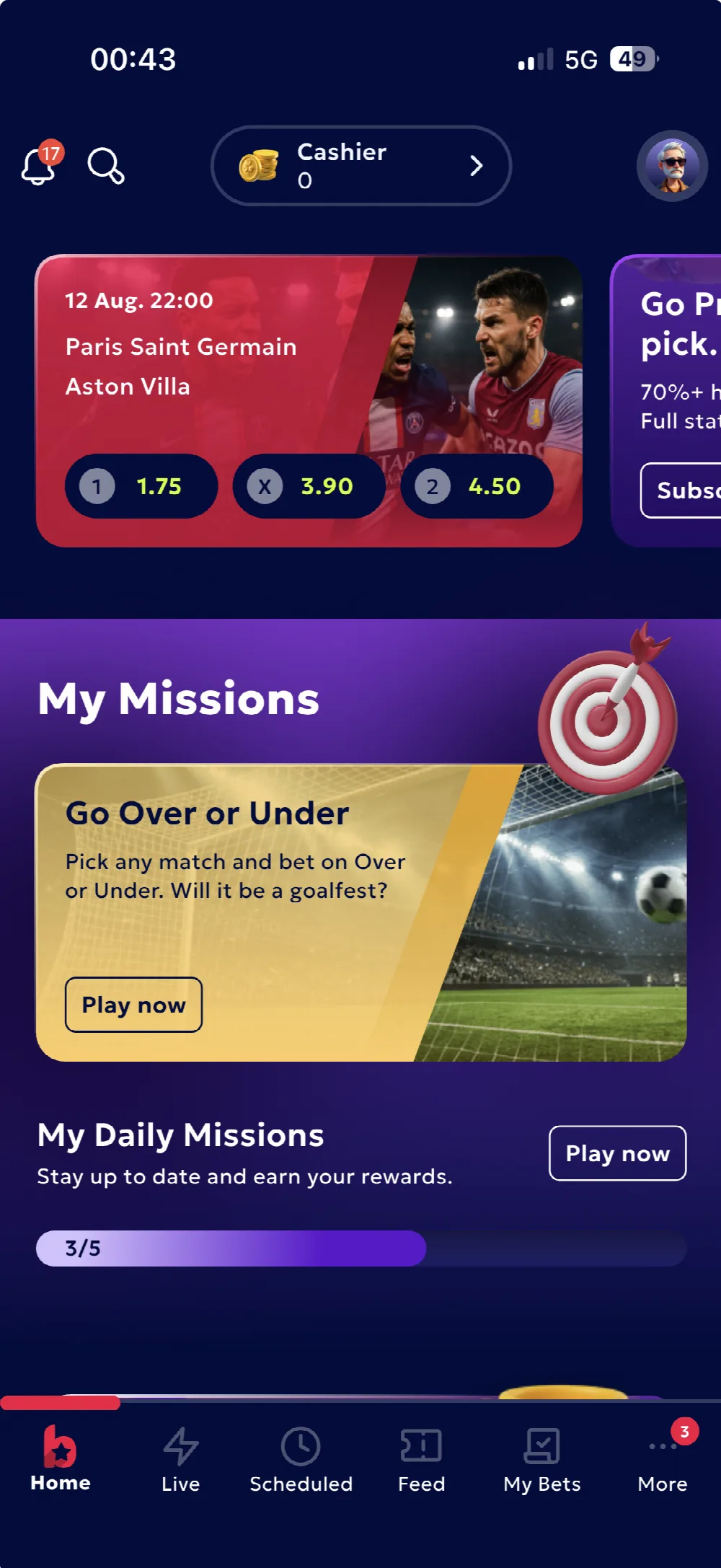 BetComrade home screen showing an upcoming match with odds and the daily missions panel