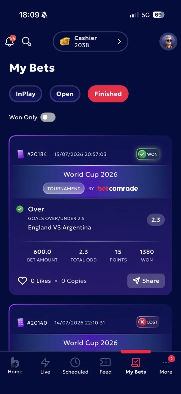 A winning tournament bet with likes and copies